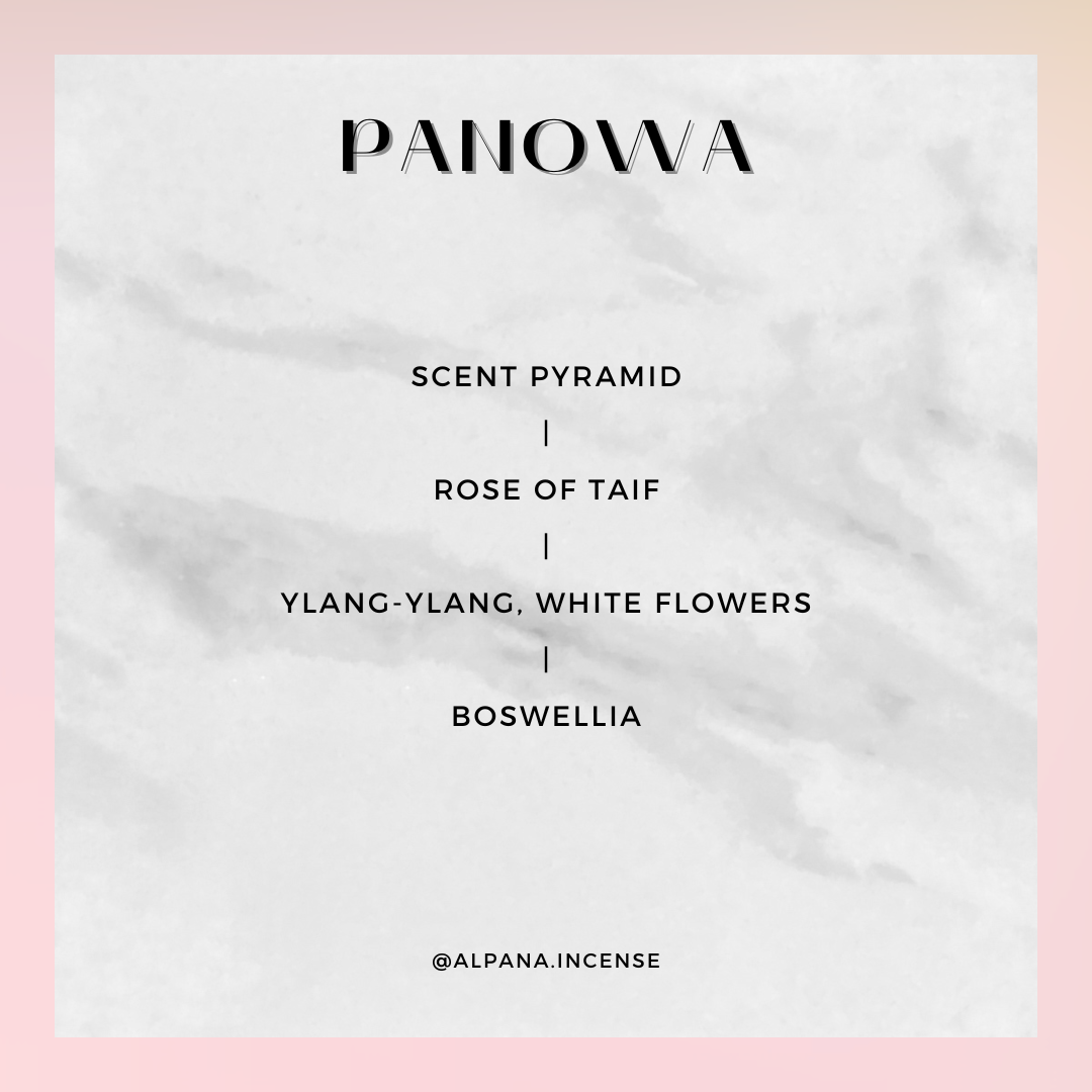 Panowa Scented Incense Sticks Scent Notes. Rose of Taif > Ylang-Ylang, White Flowers > Boswellia.